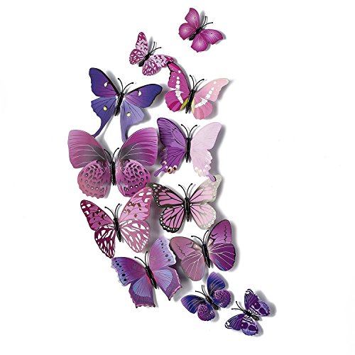 Product Cover AKOAK 24 Pcs 3D Butterfly Wall Stickers Art Decor Decals with Sponge Gum and Magnet(Purple)