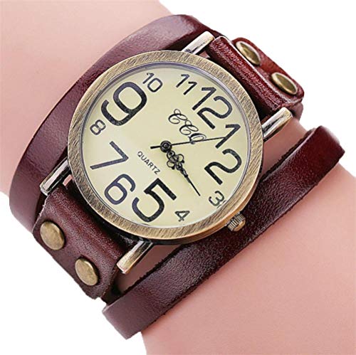 Product Cover Hunputa Luxury Brand Vintage Cow Leather Bracelet Watch Men Women Wristwatch Ladies Dress Quartz Watch (Brown)