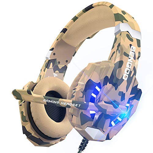 Product Cover BENGOO Stereo Gaming Headset for PS4, PC, Xbox One Controller, Noise Cancelling Over Ear Headphones Mic, LED Light, Bass Surround, Soft Memory Earmuffs for Laptop Mac Nintendo Switch -Camouflage