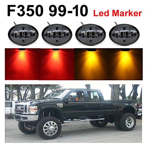 Product Cover TMH Pack of 4 Smoked Lens 2 Amber + 2 Red LED Fender Bed Side Marker Lights Assembly 1999-2010 Ford F350 F450 F550 Heavy Duty