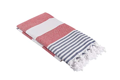 Product Cover InfuseZen Oversized Turkish Towel, Soft Terry Cloth Back, Turkish Bath Towel, Beach Towel, Extra Large Peshtemal Bath Sheet for Plus Size, Nautical Style Thin Hammam Towel, Cotton Fouta (Red Navy)
