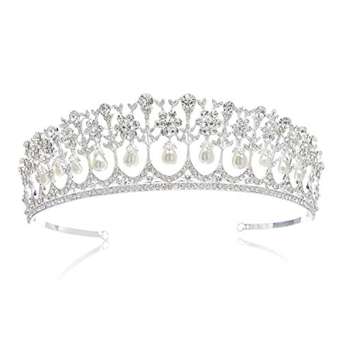 Product Cover SWEETV Royal Pearl Tiara Vintage Rhinestone Crown Bridal Jewelry Wedding Hair Accessories, Silver