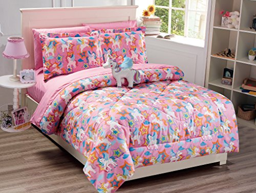 Product Cover Mk Collection 8 PC Unicorn Pink Purple White Blue Orange Comforter And sheet set With Furry Buddy Included New (Full, Comforter Set)