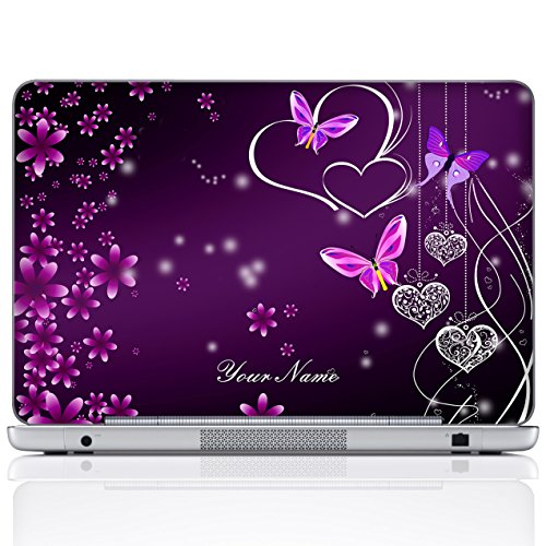 Product Cover Meffort Inc Personalized Laptop Notebook Notebook Skin Sticker Cover Art Decal, Customize Your Name (15.6 Inch, Purple Hearts Butterflies)