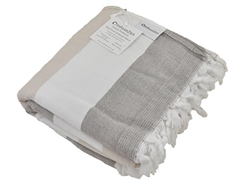 Product Cover InfuseZen Large Turkish Towel with Soft Terryback, Striped Peshtemal Terry Back Turkish Bath Towel, Gym and Beach Towel, Thin Oversized Hammam Towel, Plus Size Fouta, Big Bath Sheet (Brown and Beige)