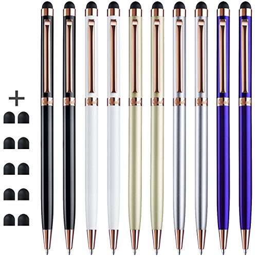 Product Cover Stylus Pens, ChaoQ (All Metal Material) 10 Pack Rose Gold Clip 2 in 1 Slim Stylus Pen and Ballpoint Pens for Universal Touch Screen Devices with 10 Extras Replaceable Rubber Tips