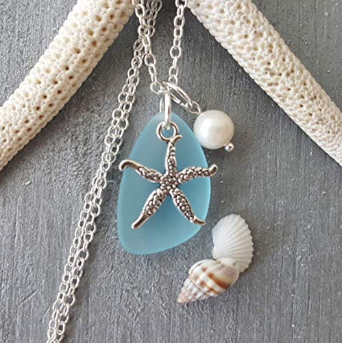 Product Cover Handmade in Hawaii, turquoise bay blue sea glass necklace,starfish charm,freshwater pearl,
