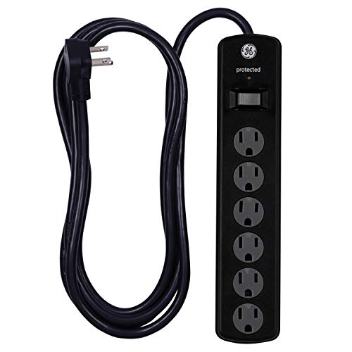Product Cover GE, Black, 6 Outlet Surge Protector, 8 Ft Extension Cord, Power Strip, 1300 Joules, Twist-To-Close Safety Covers, 33662