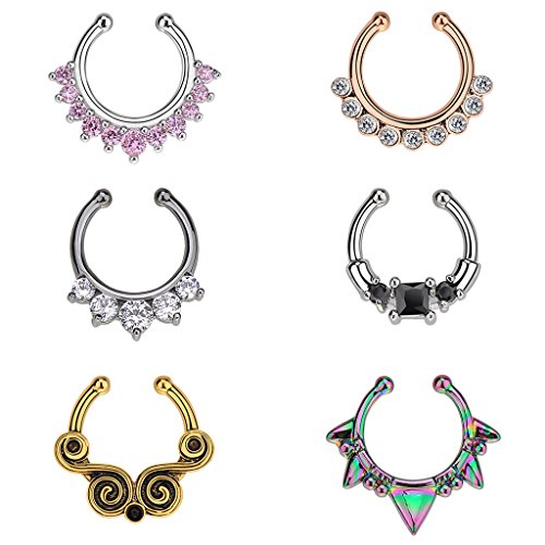 Product Cover IPINK Fake Septum Clicker Crystal Nose Hoop Ring Non Piercing Clip on Jewelry Pack of 6