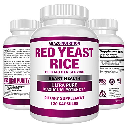 Product Cover Red Yeast Rice Extract 1200 mg - Citrinin Free Supplement - Vegetarian 120 Capsules - Arazo Nutrition