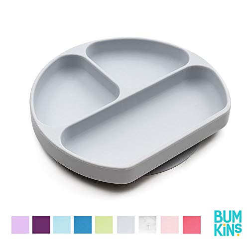 Product Cover Bumkins Silicone Grip Dish, Suction Plate, Divided Plate, Baby Toddler Plate, BPA Free, Microwave Dishwasher Safe - Gray
