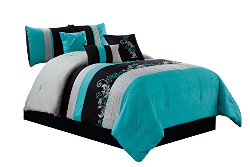 Product Cover Chezmoi Collection Napa 7-Piece Luxury Leaves Scroll Embroidery Bedding Comforter Set (King, Teal/Gray/Black)