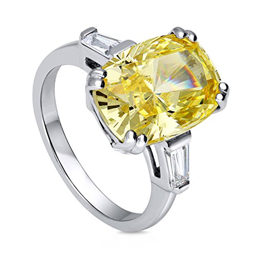 Product Cover BERRICLE Rhodium Plated Sterling Silver Canary Yellow Cushion Cut Cubic Zirconia CZ Statement 3-Stone Cocktail Anniversary Fashion Right Hand Ring