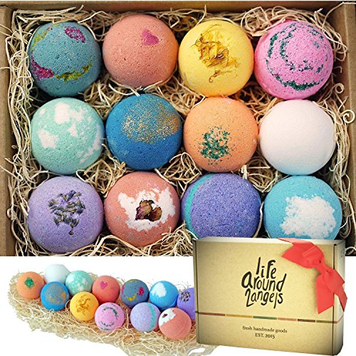 Product Cover LifeAround2Angels Bath Bombs Gift Set 12 USA made Fizzies, Shea & Coco Butter Dry Skin Moisturize, Perfect for Bubble & Spa Bath. Handmade Birthday Mothers day Gifts idea For Her/Him, wife, girlfriend