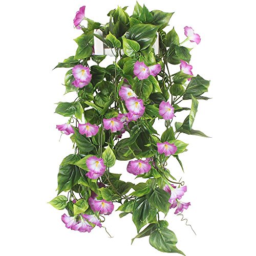 Product Cover Artificial Vines, GTidea 2pcs 15Feet Morning Glory Hanging Plants Silk Garland Fake Green Plant Home Garden Wall Fence Stairway Outdoor Wedding Hanging Baskets Decor Purple