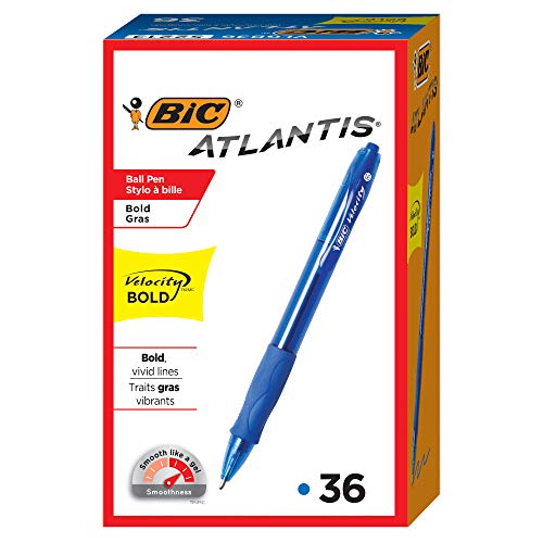 Product Cover BIC Atlantis Velocity Bold Retractable Ball Pen, Bold Point (1.6mm), Blue - Box of 36 Blue Pens