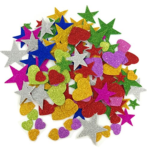 Product Cover Foam Glitter Stickers Self Adhesive, Mini Heart and Stars Shapes for Kid's Arts Craft Supplies Greeting Cards Home Decoration (150 Pieces)