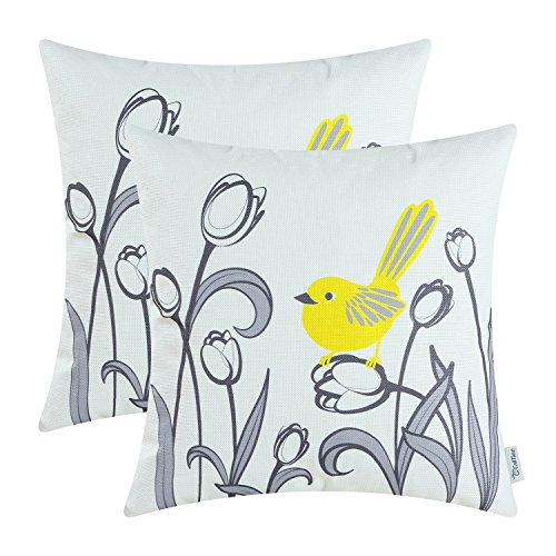 Product Cover CaliTime Pack of 2 Soft Canvas Throw Pillow Covers Cases for Girls Couch Sofa Hand Drawing Cute Bird with Gray Sweet Tulip Floral Print 18 X 18 Inches Bright Yellow