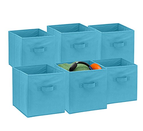 Product Cover Foldable Cube Storage Bins - 6 Pack - These Decorative Fabric Storage Cubes are Collapsible and Great Organizer for Shelf, Closet or Underbed. Convenient for Clothes or Kids Toy Storage (Light Blue)
