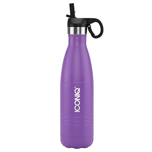 Product Cover ICONIQ Stainless Steel Vacuum Insulated Water Bottle Includes Bonus Pop Up Straw Cap, 17 Ounce (Purple with Black Cap)