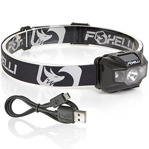 Product Cover Foxelli USB Rechargeable Headlamp Flashlight - 180 Lumen, up to 40 Hours of Constant Light on a Single Charge, Bright White Led + Red Light, Compact, Easy to Use, Lightweight & Comfortable Headlight