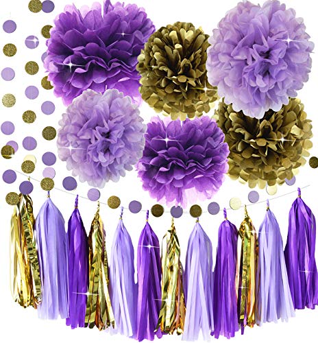 Product Cover Qian's Party Purple Lavender Glitter Gold Baby Shower Tissue Paper Pom Pom Paper Tassel Garland First Birthday Decorations Purple Bridal Shower Decorations Snow or Sea Theme Party Decor