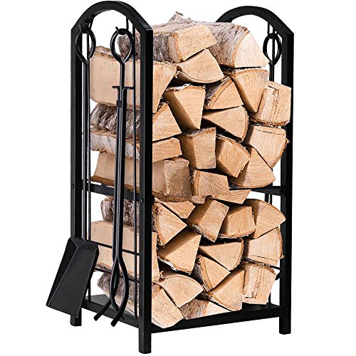 Product Cover Fireplace Log Rack with 4 Tools Indoor Outdoor Fireside Firewood Holders Lumber Storage Stacking Black Wrought Iron Logs Bin Holder for Fireplace Tool