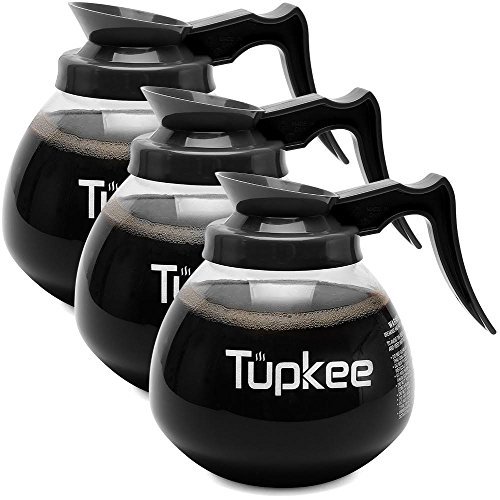 Product Cover Tupkee Glass Coffee Pots Decanter Carafe - SHATTER-RESISTANT Commercial Pot 64 oz. 12-Cup, Set of 3 Black Handle Regular Compatible with Wilbur Curtis, Bloomfield, Bunn