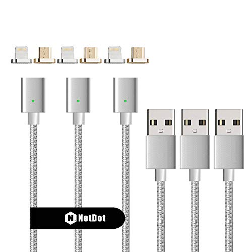 Product Cover Netdot 3 pieces 3rd Generation Magnetic Charging Cable Adapter with 1 IOS Connector and 1 Micro-usb Connector compatible with both Android Smartphone and iPhone (2 in 1/3 pieces silver)