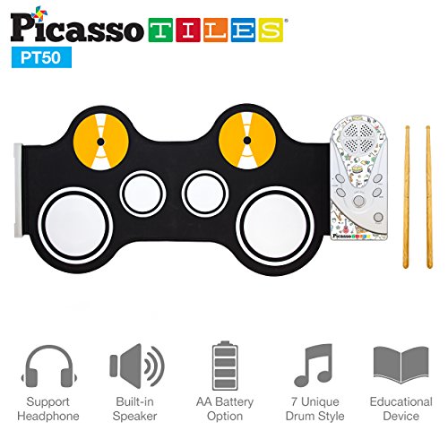 Product Cover Picasso Tiles PT50 Portable Kid's Roll Up Drum, Educational Electronic Drum Set w/ 7 Different Drum Pads, Recording Feature, Headphone Jack, Build-in Speaker, Educational Demos for Toddlers & Kids