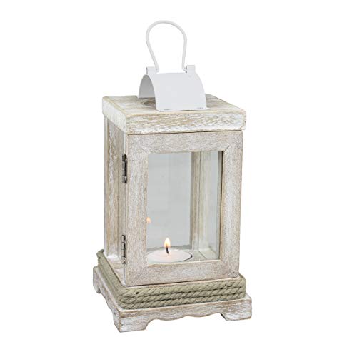 Product Cover Stonebriar Coastal Wooden Candle Lantern with Nautical Rope Detail, 8 Inches, White