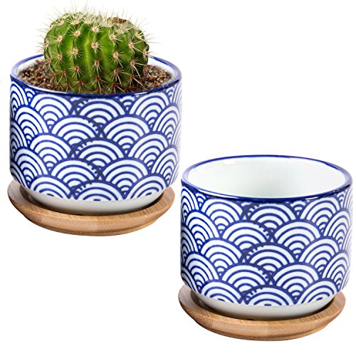 Product Cover 3-inch Japanese Style Wave White and Blue Ceramic Succulent Planter Pots with Bamboo Drip Tray, Set of 2