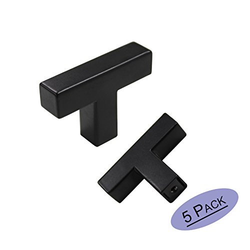 Product Cover 5Pack Goldenwarm Black Square T Bar Single Hole Knobs Cabinet Pull Drawer Handle Stainless Steel Modern Hardware for Kitchen and Bathroom Cabinets Cupboard (2in Overall Length) Kitchen Cabinet Knobs
