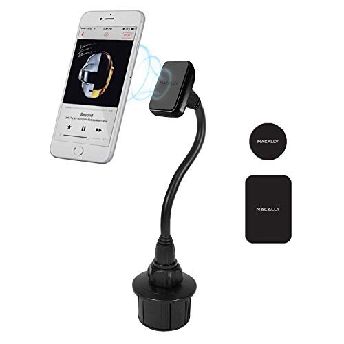 Product Cover Macally Car Cup Holder Magnetic Phone Mount with for Extra Long Neck & 2 Metal Plates for iPhone 11 Max Pro Xs Max XR X 8 Plus 7 Plus 6S 6 Plus, Samsung Galaxy S10 S9 Note & Most Cell Phones (MCUPMAG)