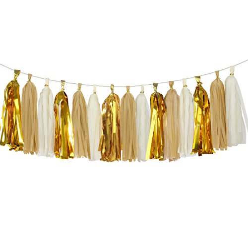 Product Cover Aonor Shiny Tassel Garland Tissue Paper Tassels Banner Decoration for Birthday Party, Bridal Shower, Table Decor, Metallic Gold+Tan+Ivory, 15 pcs