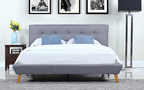 Product Cover Mid-Century Grey Linen Low Profile Platform Bed Frame with Tufted Headboard Design (Full)