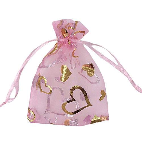 Product Cover SumDirect 100Pcs 3.5x4.7 inches Sheer Drawstring Heart Organza Jewelry Pouches Wedding Party Christmas Favor Gift Bags (Pink)