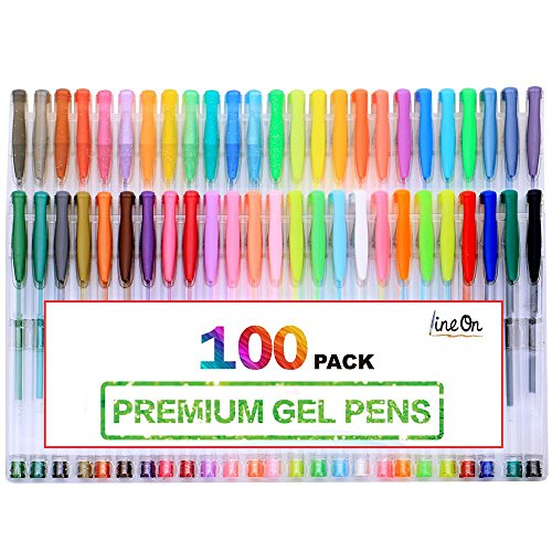 Product Cover Lineon 100 Pack Gel Pens Set, 50 Colors Gel Pens with 50 Refills Gel Pen Set for Adult Coloring Books Drawing Doodling Art Markers