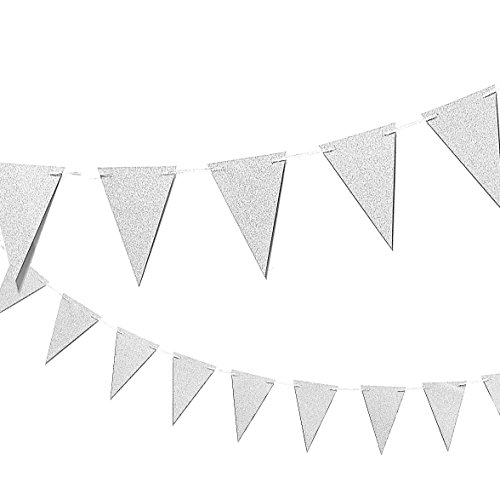 Product Cover Silver Party Banner Triangle Garland - Vintage Elegant Party Supplies Bunting Flags Decorations for Birthday Parties, Weddings, Baby Showers - Size Small - 3.75 x 5.5 inch Flags, 10 Ft Length