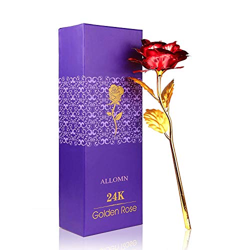 Product Cover ALLOMN 24K Golden Rose Plastic Long Stem Real Rose Dipped in Gold with Gift Box Best One Size Red