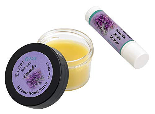 Product Cover Jojoba Oil Lavender Travel Size Hand Salve and Lip Balm, all natural, cold pressed jojoba oil, mildly scented with Lavender, Salve (0.5 oz/14 gm) Lip balm (.15 oz/4.6 gm) 2 units