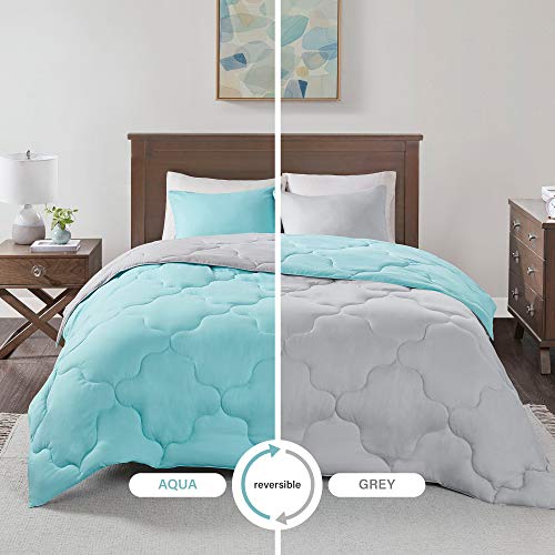 Product Cover Comfort Spaces Vixie 2 Piece Comforter Set All Season Reversible Goose Down Alternative Stitched Geometrical Pattern Bedding, Twin/Twin XL, Aqua/Grey