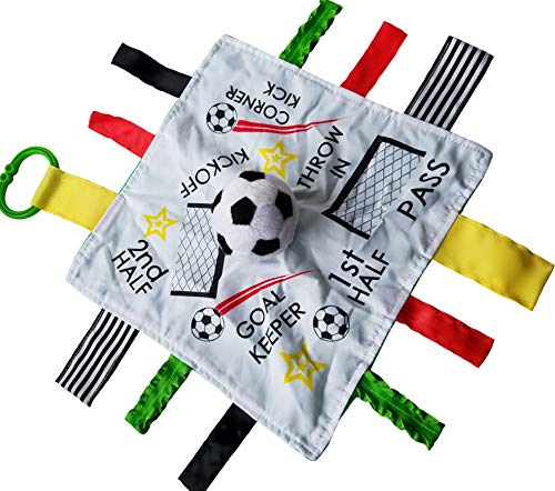 Product Cover Baby Sensory, Educational & Teething Closed Ribbon Tag Lovey Blanket with Security Plush: 10X10 (Soccer Futbol)