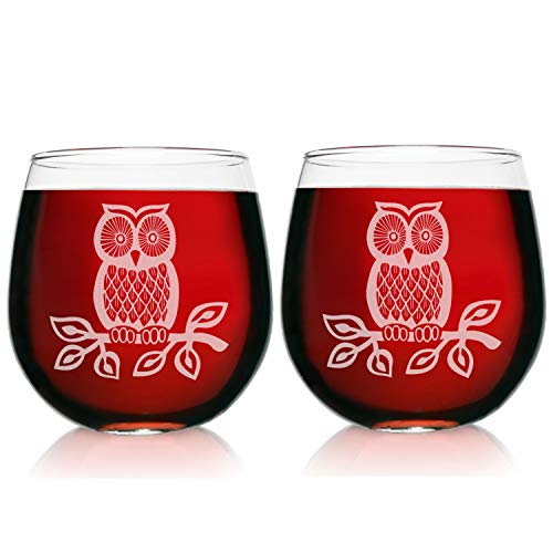Product Cover Engraved Stemless Wine Glasses-16.75 Ounce Capacity-Owl Design- 2 Piece Set- 16.75 Ounce Capacity- Elegant Glass-Multi-Perfect Gift for any Occasion- USA Made By: On The Rox (Owl-Engraved)