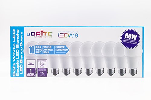 Product Cover uBRITE A19 LED Light Bulb, Soft White 2700K 8W (60 Watt Equivalent) 10 - Pack