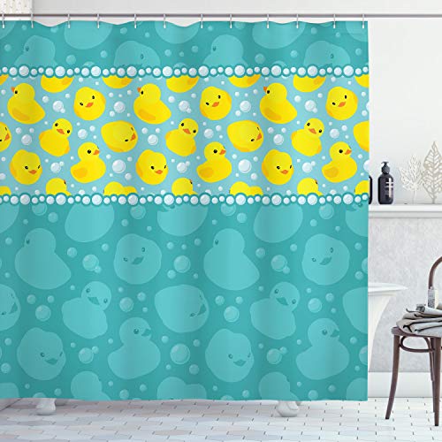 Product Cover Ambesonne Rubber Duck Shower Curtain, Yellow Cartoon Duckies Swimming in Water Pattern with Fun Bubbles Aqua Colors, Cloth Fabric Bathroom Decor Set with Hooks, 70