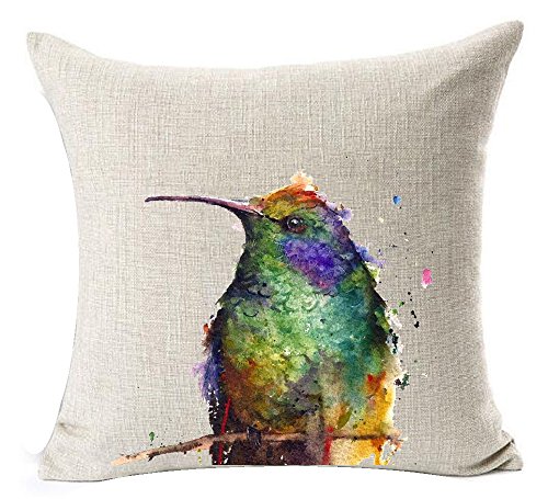 Product Cover Best Gift Beautiful Watercolor Oil Painting Hummingbird Standing On Tree Branch Cotton Linen Throw Pillow Case Personalized Cushion Cover New Home Office Decorative Square 18 X 18 Inches