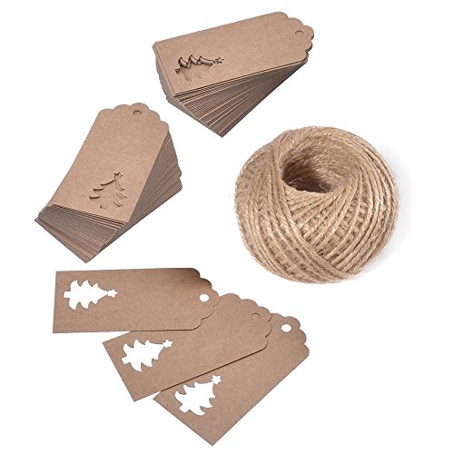 Product Cover 100 PCS Kraft Paper Hollow Christmas Tree Gift Tags with String Christmas Wrapping Tags Blank Brown Gift Tag Vintage Craft Hang Tags with 100 Feet Jute Twine