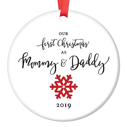 Product Cover First Christmas as Mommy & Daddy 2019 Tree Ornament Infant Girl Boy Newborn Son Daughter 1st Time New Parents Porcelain Keepsake Cute Red Snowflake 3