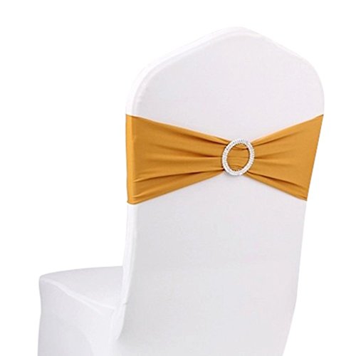 Product Cover Fvstar 10Pcs Chair Sashes Bows Elegant Elastic Party Chair Sashes Spandex Decorative Chair Cover Bows Bands Ribbons with Buckle for Baby Shower Birthday Event Trade Show Banquet,Gold